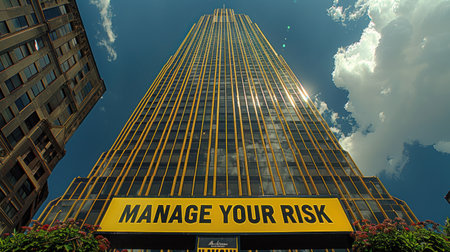 A tall skyscraper with a Manage Your Risk sign against a blue sky with clouds.の素材