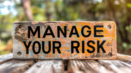 A weathered wooden sign with the message Manage Your Risk written in black letters.の素材
