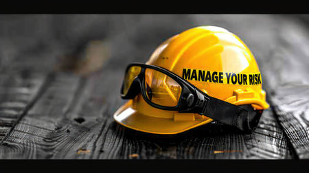 A yellow hard hat and safety glasses on a wooden surface with the phrase Manage Your Risk written on the hat.の素材