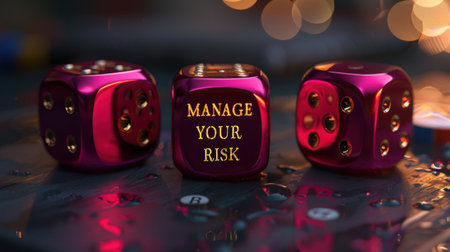 Three metallic dice with a risk management message.の素材