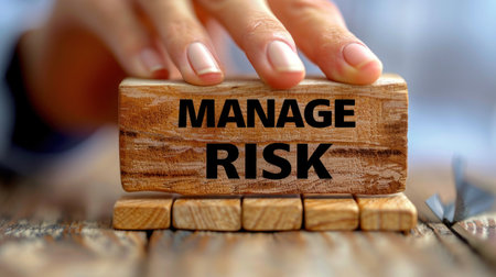 A hand places a wooden block with the words Manage Risk on top of other wooden blocks.の素材