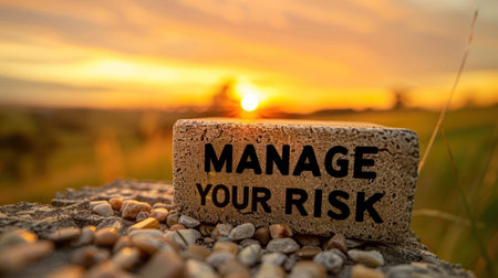 A stone block with the words Manage Your Risk on it sits on a bed of small stones in front of a setting sun.の素材