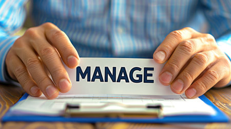 Hands Holding Card With Word Manageの素材