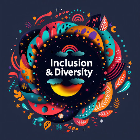 A colorful abstract illustration with the text Inclusion & Diversity centered.の素材