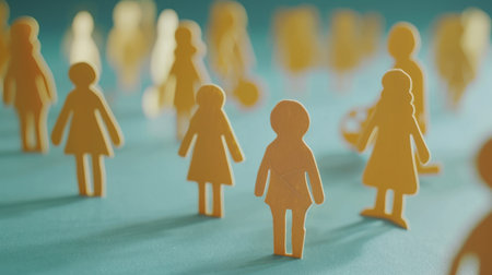 Yellow paper cutouts of people stand on a teal surface.の素材
