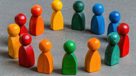 A group of colorful wooden figures stand in a circle on a gray surface.の素材