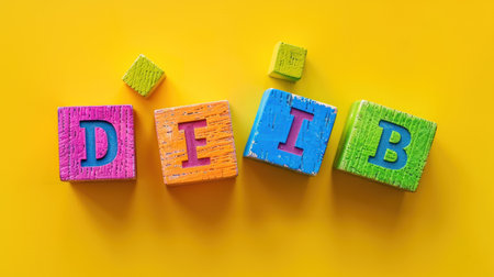 Colorful wooden blocks spelling out the word debt on a yellow background.の素材