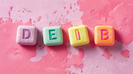 Four colorful blocks spelling DEIB on a pink background.の素材