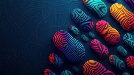 Colorful, 3D fingerprint shapes on a blue background.の素材