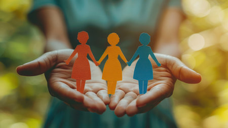 Hands holding three paper dolls, representing diversity and inclusion.の素材