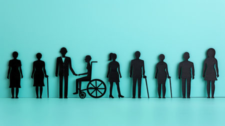 Black silhouettes of various people standing in a row on a blue background.の素材