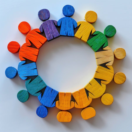 A group of colorful wooden people figures form a circle on a white background.の素材