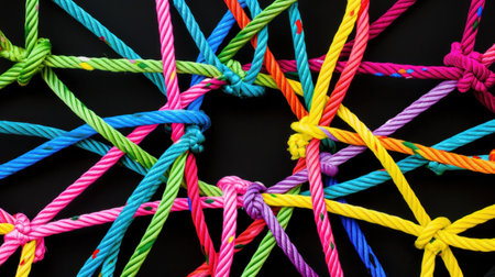 A close-up of colorful ropes tied together in a complex pattern on a black background.の素材