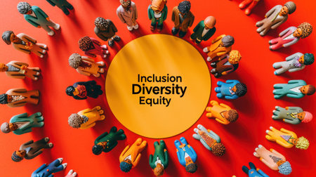 Colorful figurines form a circle around a yellow sign with the words Inclusion, Diversity, Equity.の素材