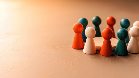 Wooden game pieces of different colors form a circle on a table.の素材