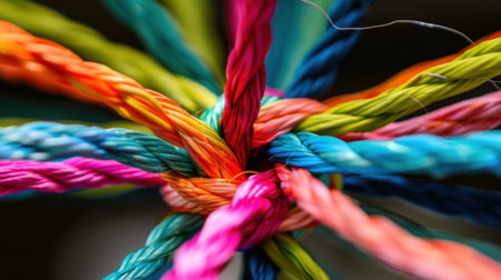 A close up shot of colorful ropes intertwined in a complex pattern.の素材