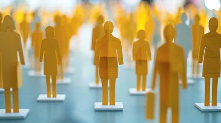 A row of paper figures stand on a blue surface.の素材