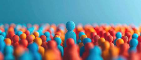 A blue figure stands out in a crowd of red and orange figures.の素材