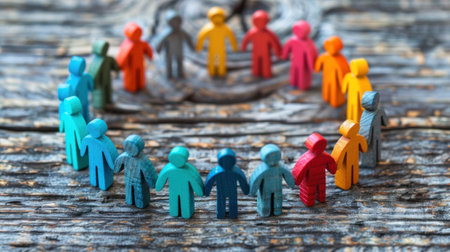 Colorful wooden figures stand in a circle on a rustic wood surface.の素材