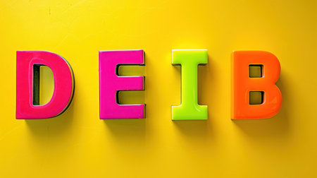 Colorful plastic letters spelling DEIB on a yellow background.の素材
