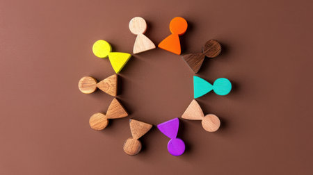 Colorful wooden figures forming a circle on a brown background.の素材