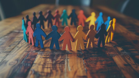 Wooden figures of various colors standing in a circle on a wooden table.の素材