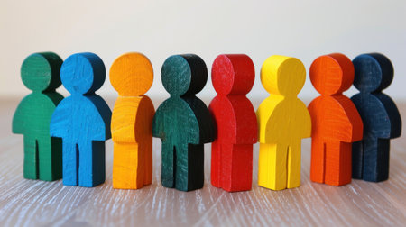 A row of colorful wooden figures standing on a light wood surface.の素材