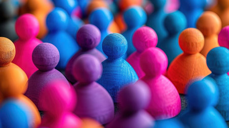Close-up of colorful wooden figures arranged in a group.の素材
