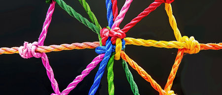Closeup of colorful ropes tied in a knot against a black background.の素材