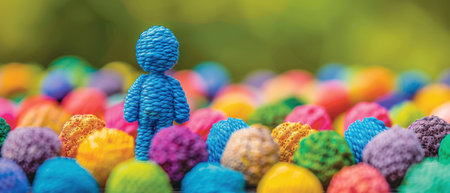 A blue figure stands out from a field of colorful balls.の素材