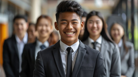 A young man in a suit smiles confidently while standing in a line of business professionals.の素材