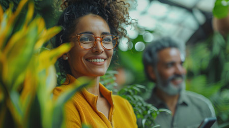 A woman with glasses and curly hair smiles brightly, surrounded by vibrant green plants.の素材