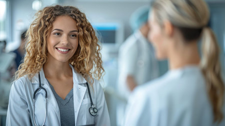 A female doctor with curly hair smiles warmly at a colleague in a hospital hallway.の素材