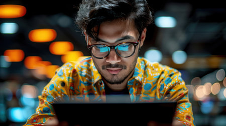 A man wearing glasses and a patterned shirt stars intently at a digital tablet, illuminated by the glow of the screen in a dimly lit urban environment.の素材