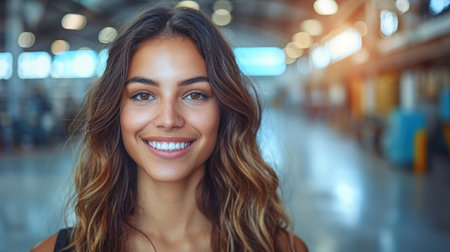 A young woman with long brown hair smiles brightly as she stands in an indoor space.の素材