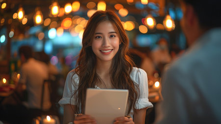 A young woman smiles warmly while holding a menu in a dimly lit restaurant.の素材