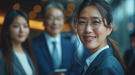 A woman in a suit, wearing glasses, smiles confidently as she stands in a brightly lit urban environment.の素材