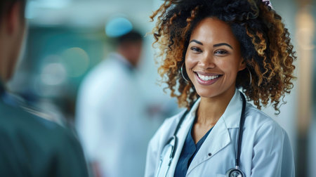 A female doctor smiles warmly in a hospital setting, showing her dedication and compassion for her patients.の素材