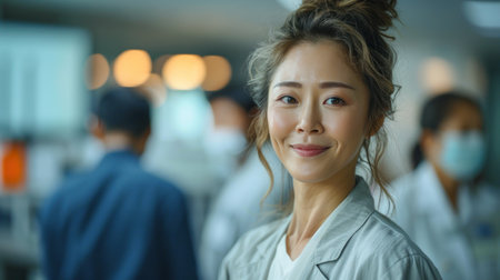 A female scientist smiles confidently in a modern laboratory setting.の素材
