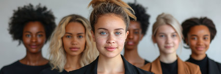 A group of five women, each with unique features, stand in a line for a portrait.の素材