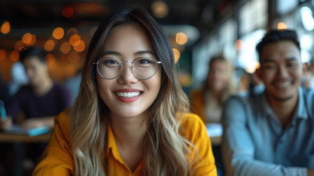 A young woman with long hair and glasses smiles while sitting in a cafe.の素材