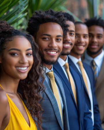 A group of friends pose for a photograph, showcasing their stylish attire and beaming smiles.の素材