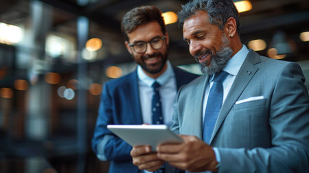 Two businessmen review data on a tablet in a modern office setting.の素材