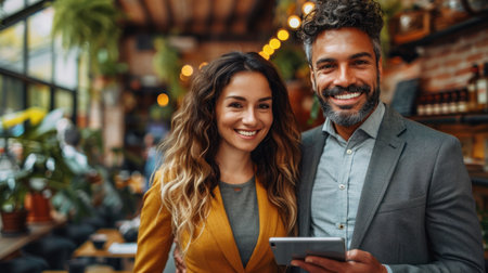 A smiling couple uses a tablet device while sitting together in a cafe.の素材