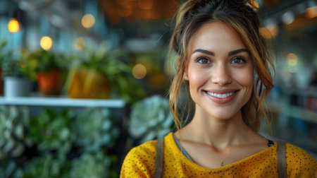 A young woman with long brown hair smiles brightly at the camera, standing in a plant shop filled with lush greenery.の素材
