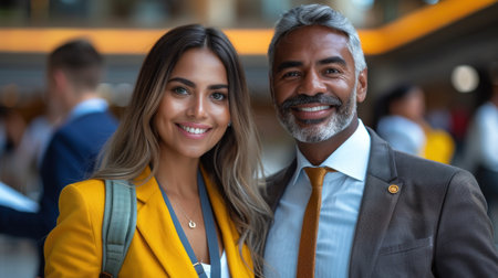 A woman in a yellow blazer and a man in a suit smile at the camera during a business conference.の素材