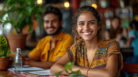 A young woman smiles brightly, enjoying a relaxed moment in a lively cafe.の素材