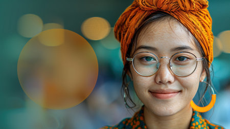A close-up portrait of a woman wearing glasses and a bright orange headscarf. Bokeh lights in the background create a warm and inviting atmosphere.の素材