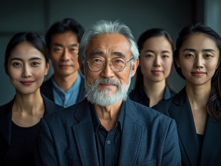 A group of professionals, including an older man with a beard, stand together in a quiet moment of reflection.の素材