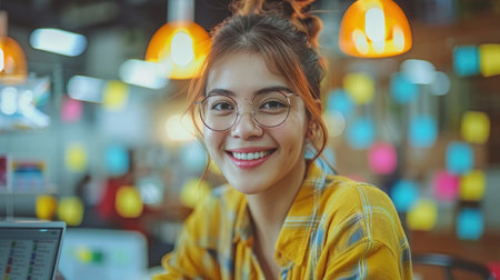 A young woman smiles brightly in a busy office setting.の素材